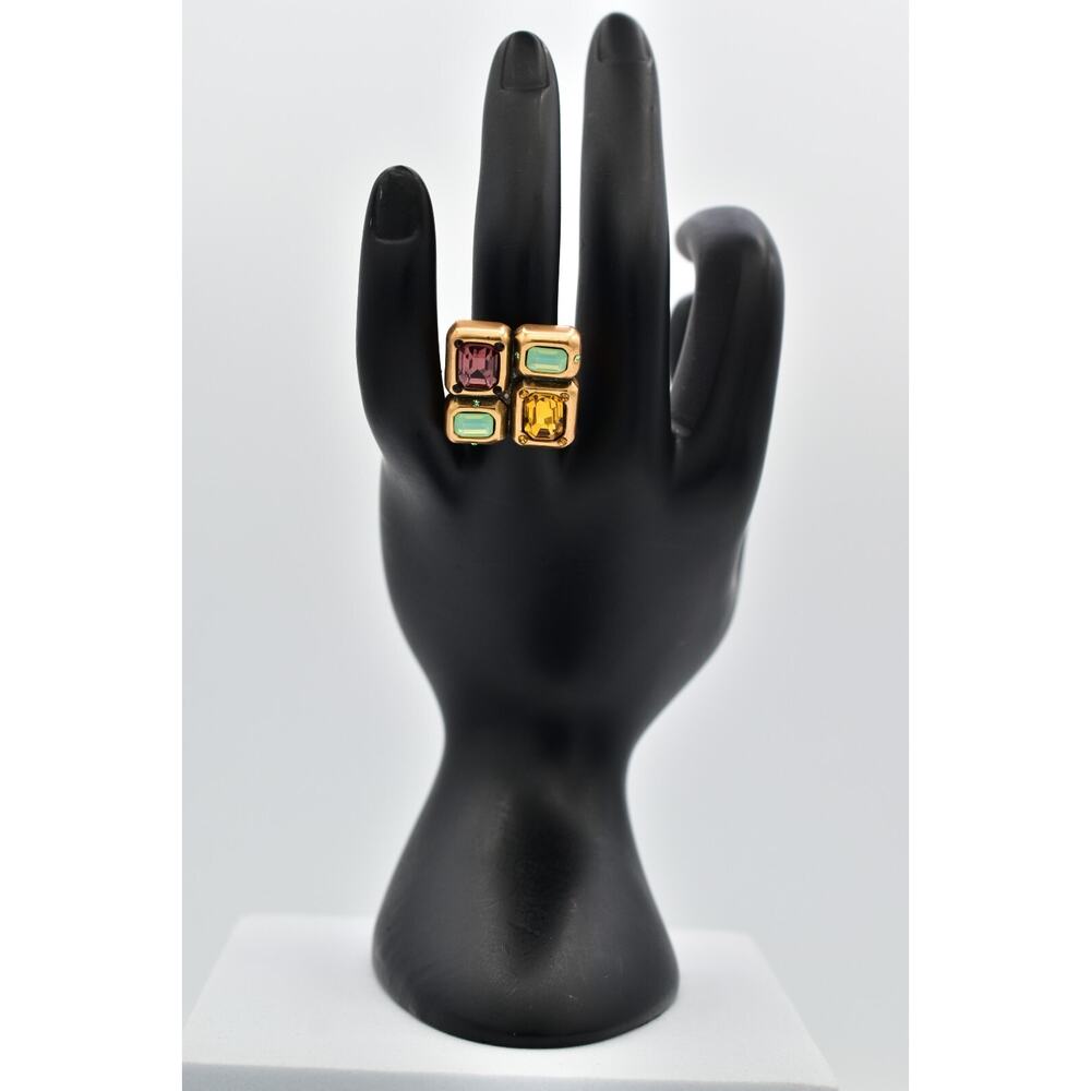 Connie Bates Vintage 5.75 Ring Jeweled Crystal Antiqued Gold Cocktail Statement